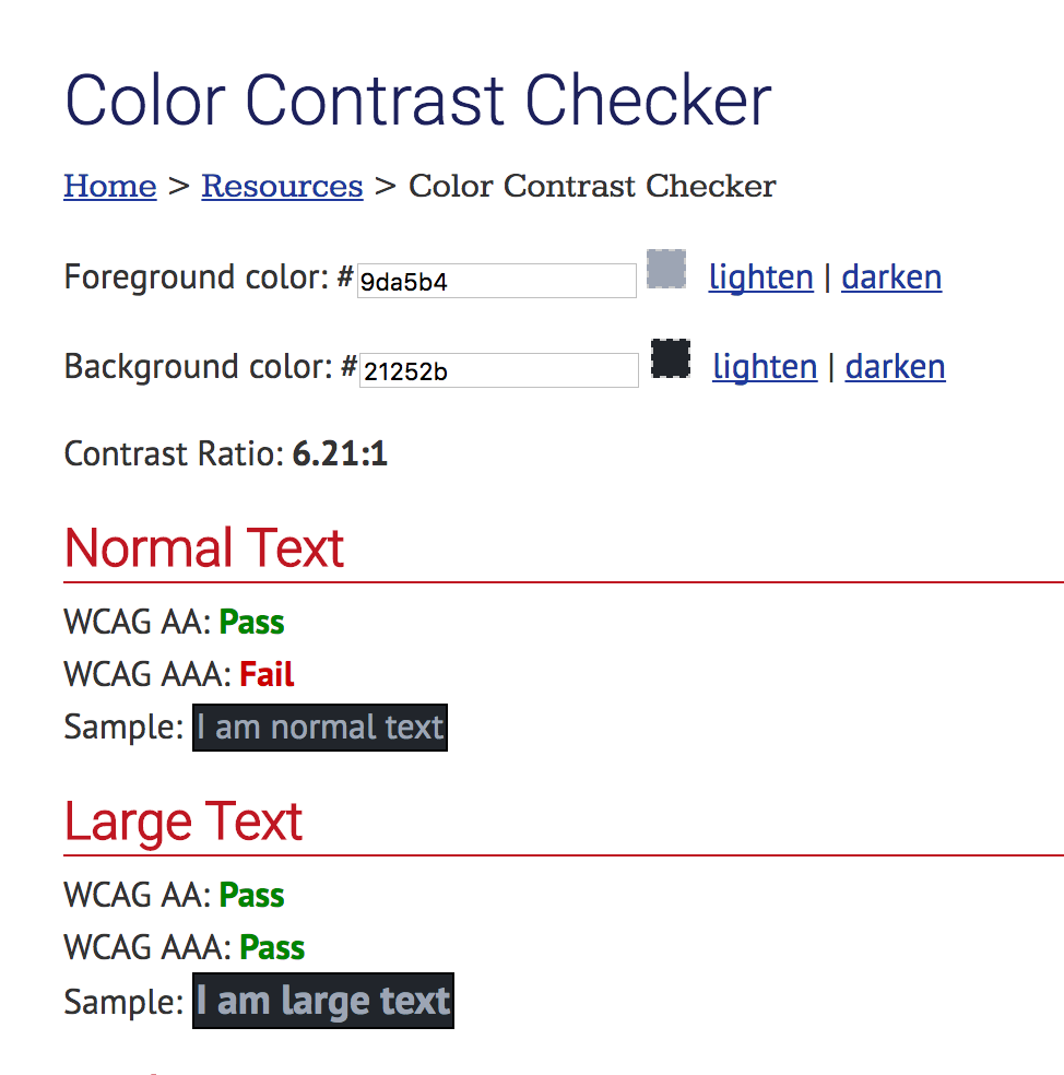 WebAIM site colour contrast ratio results