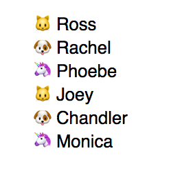 Cat, dog and unicorn emoji in cyclical pattern for six list counters