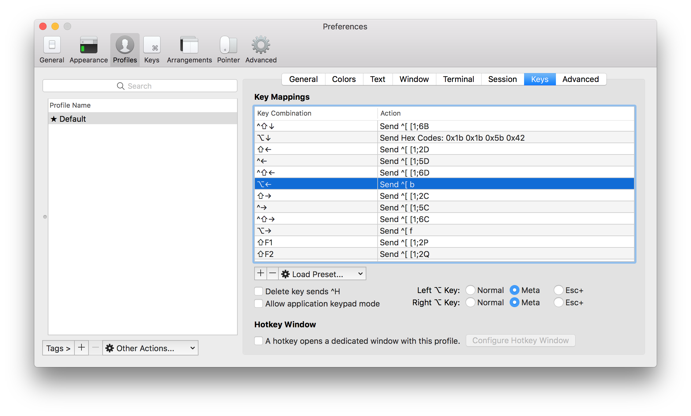 iTerm2 keys tab with Alt Mappings