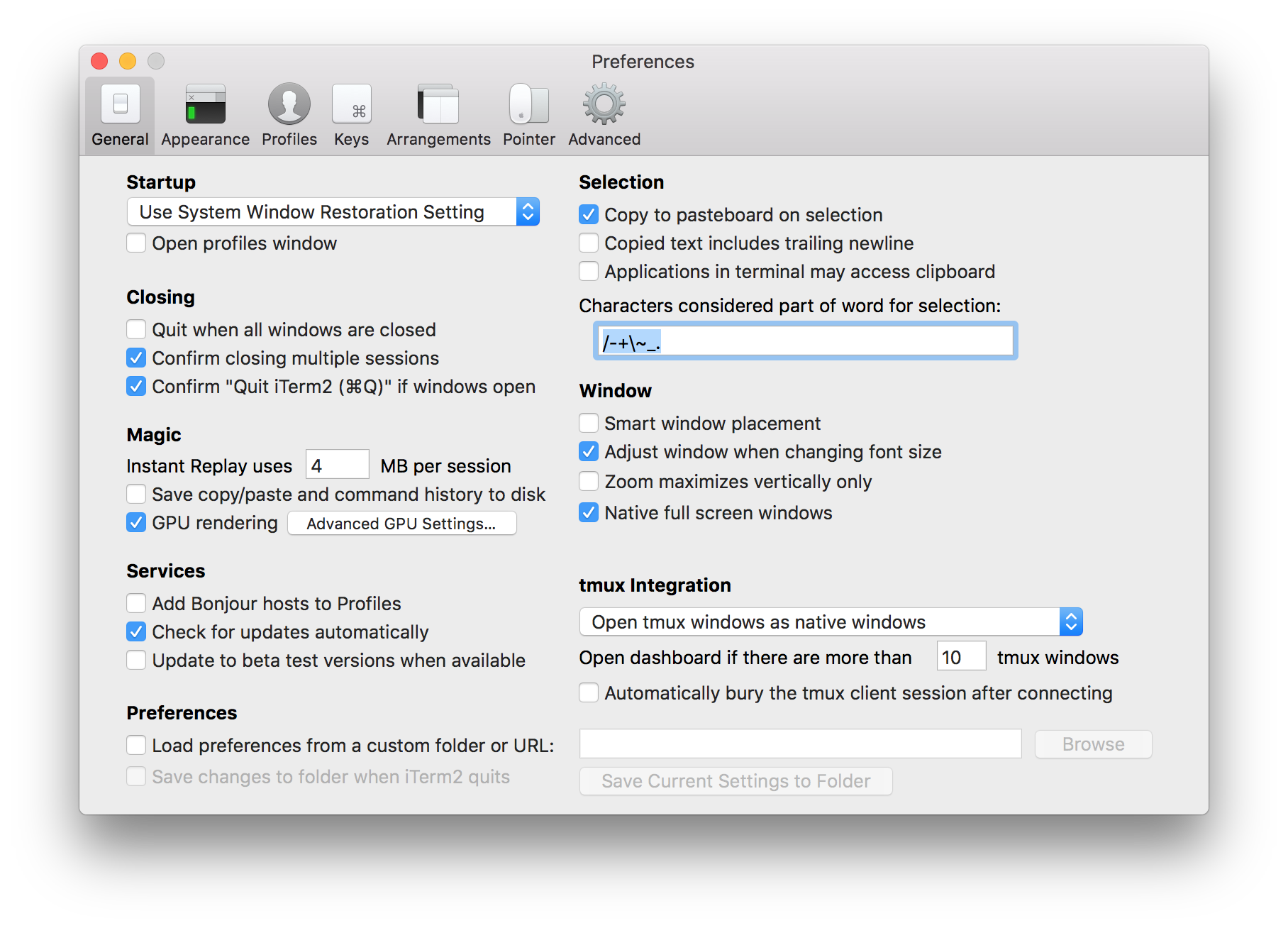 iTerm2 general preferences menu