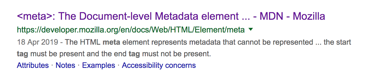 Google search result for meta tag page using meta description text.