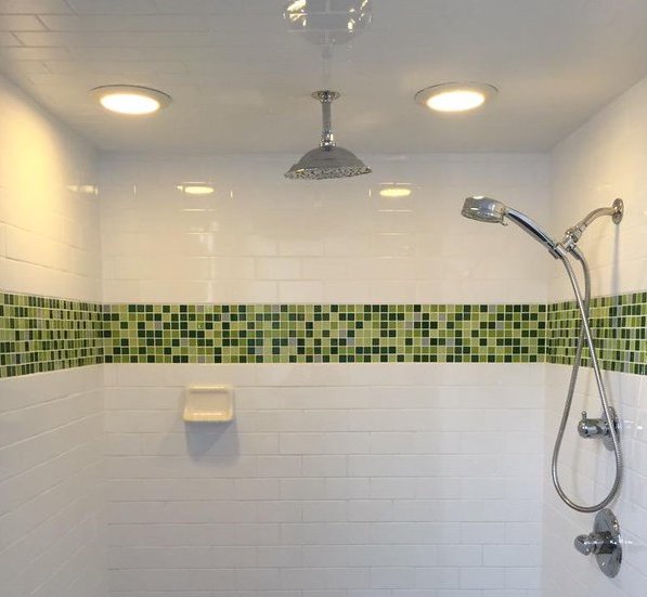 Shower with green tiles that look like the GitHub dashboard