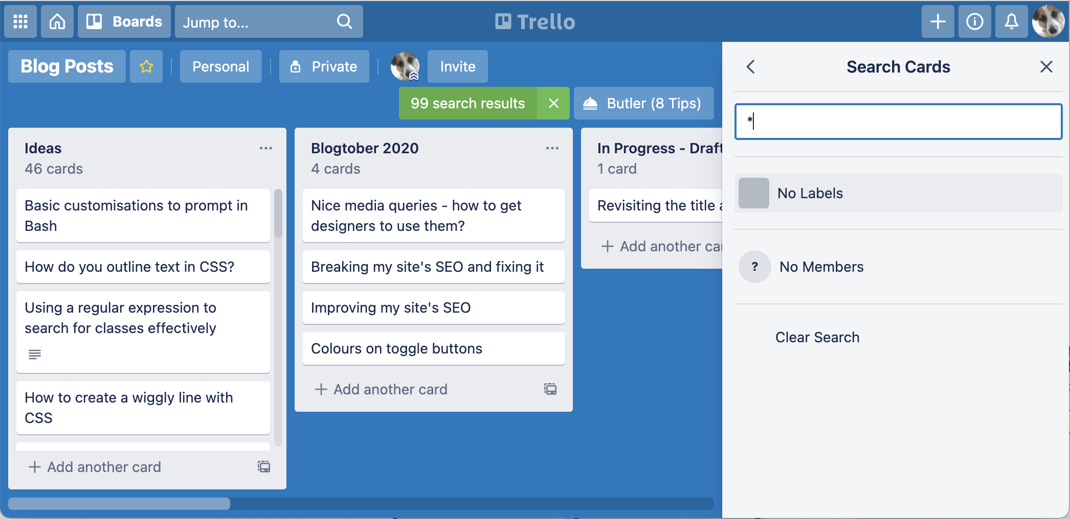 Trello board, columns and lists with filter menu