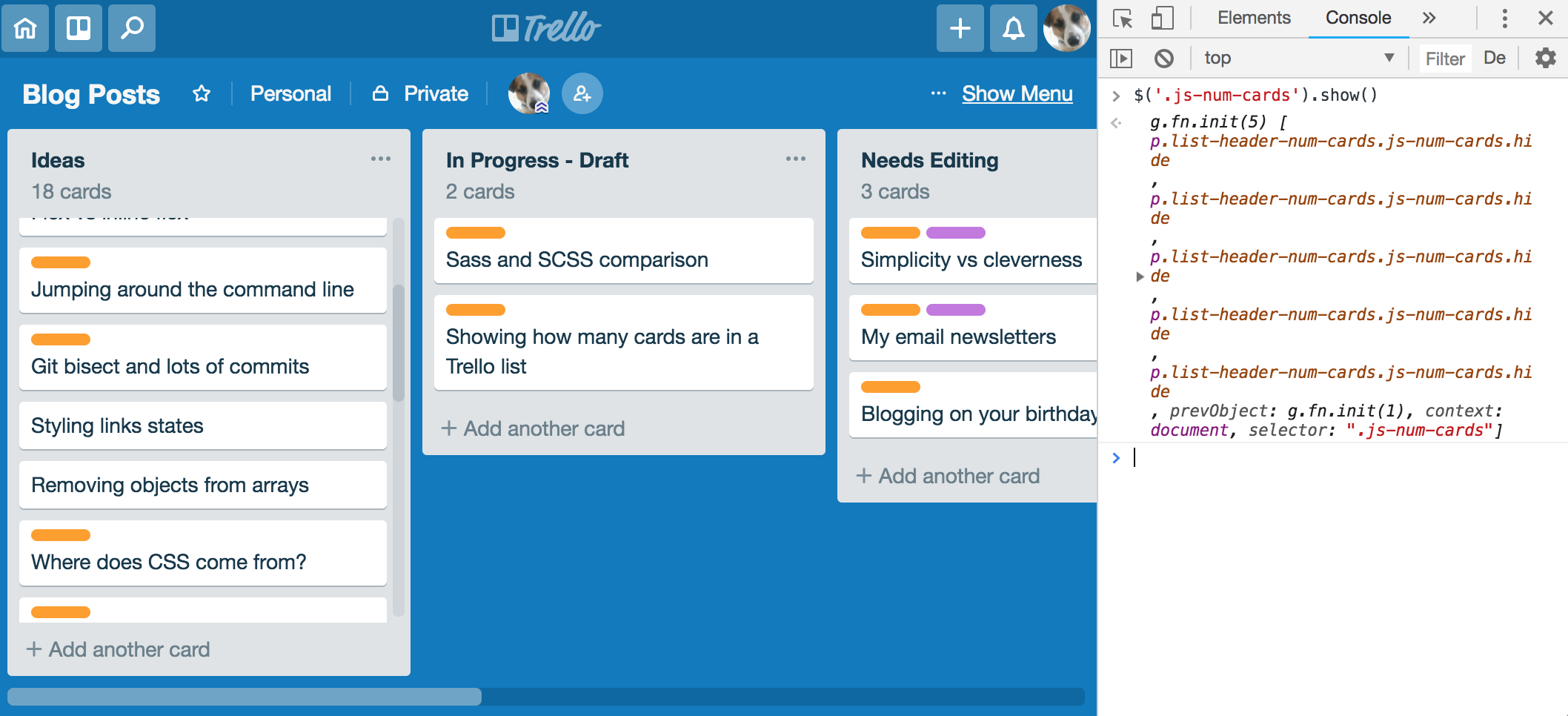 Trello board, columns and lists with count