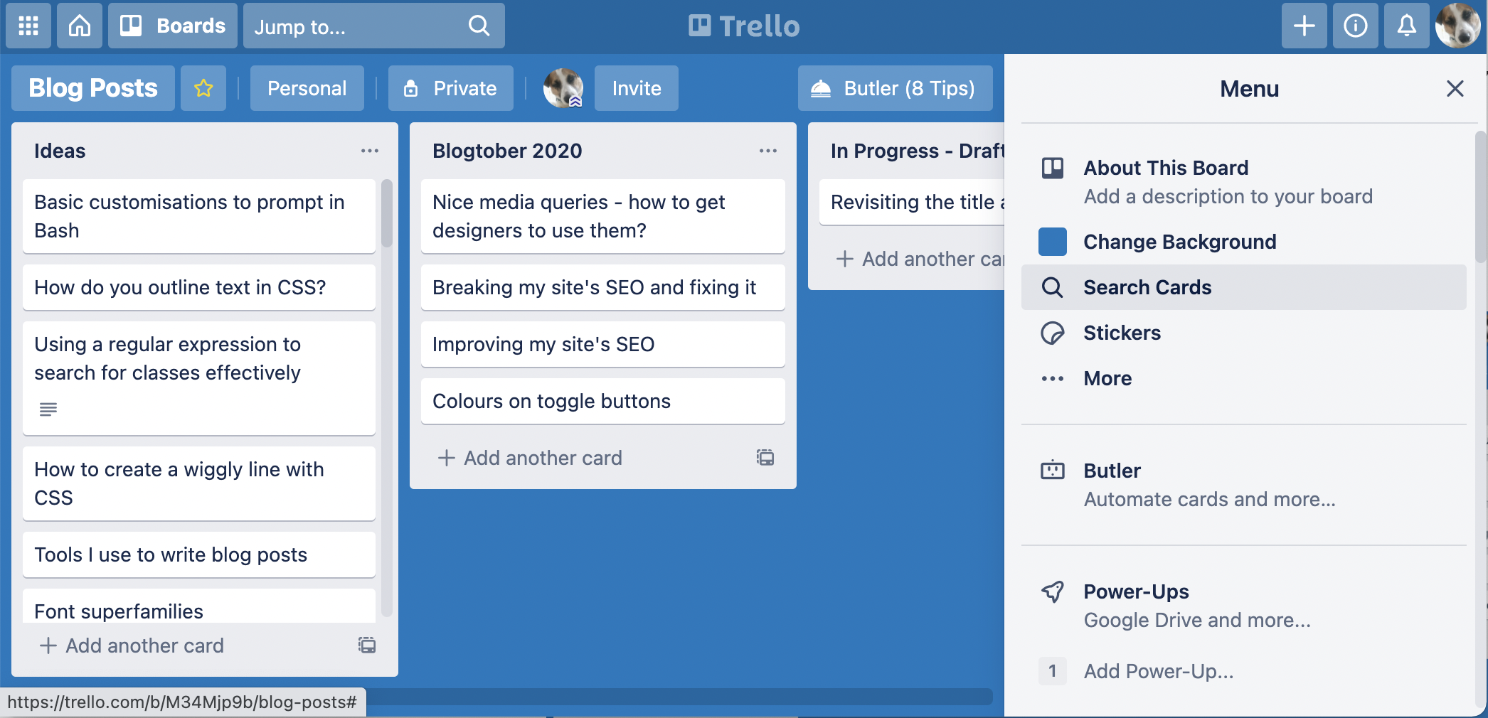 The Trello menu pop-out on the right of the screen