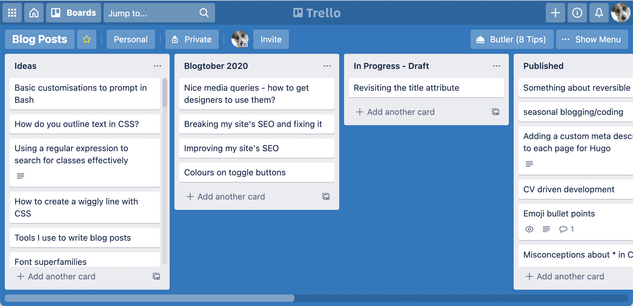 Trello board, columns and lists with no count